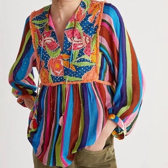 Anthropologie Tops - Anthropologie Verb Pallavi Singhee Floral Striped Beaded Boho Babydoll Blouse
